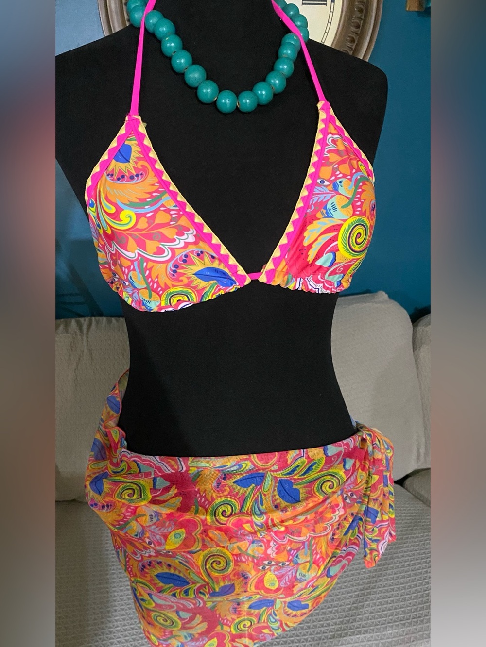 NEW SHEIN Vibrant Multicolor Paisley Triangle Bikini Set with Sarong